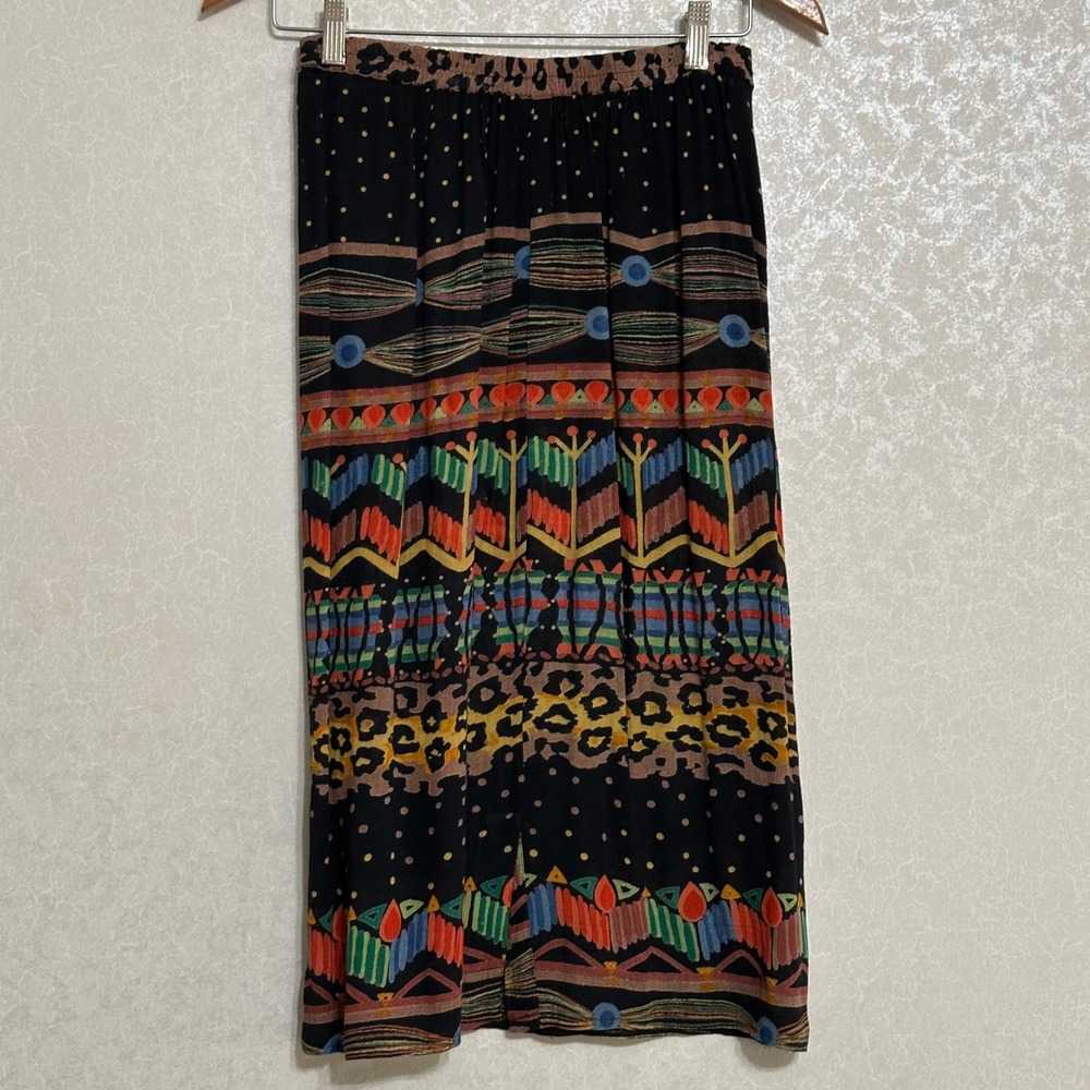 Revue Boho Tribal Abstract Print Faux Wrap Maxi Skirt Black Multicolor XS‎